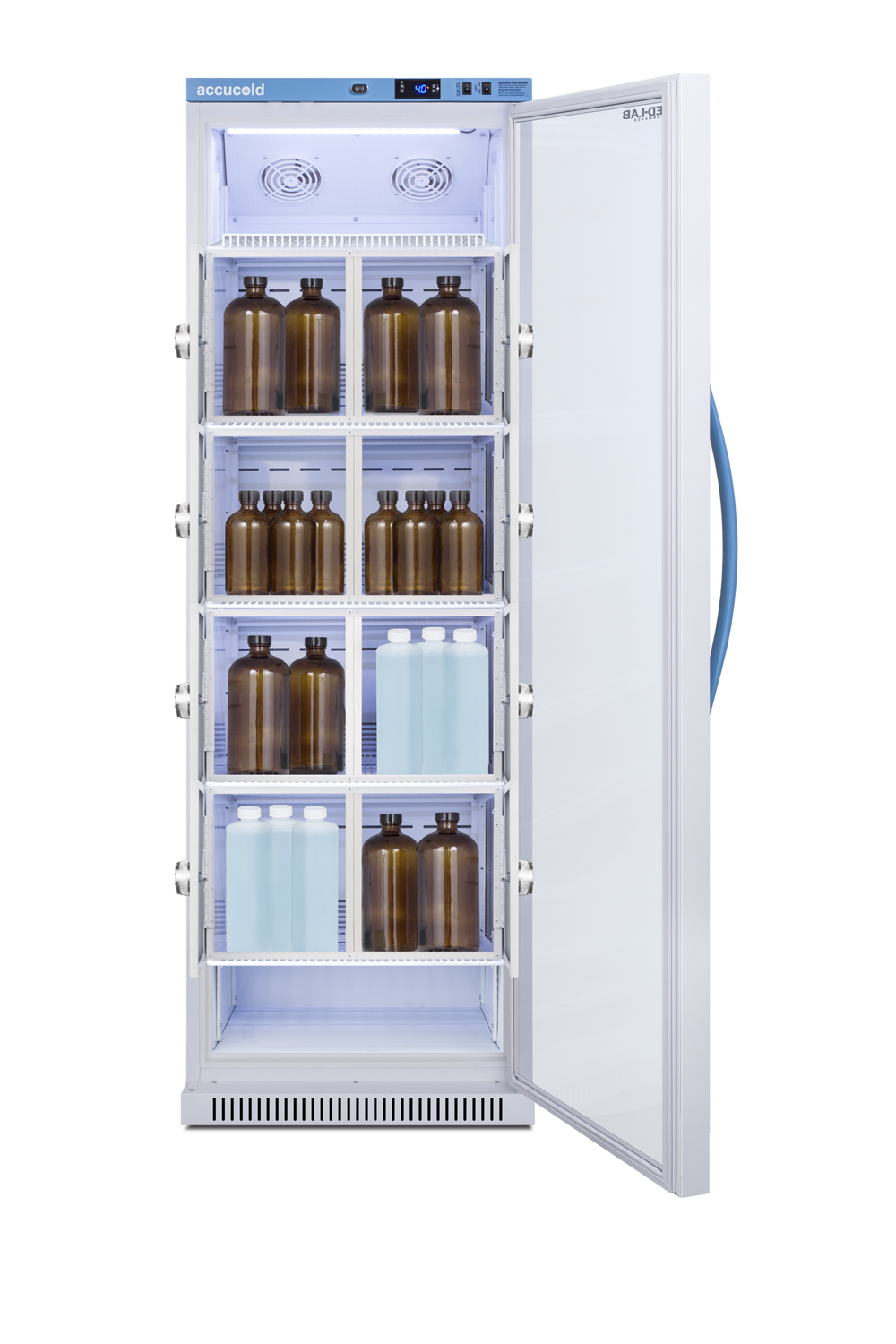 Performance series Med-Lab 15 cu.ft. upright glass door all-refrigerator with 8 interior lockers, with antimicrobial silver-ion handle and hospital grade cord with 'green dot' plug